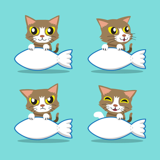 Karikatúra karakter aranyos macska-val nagy halak jele - Vektor, kép