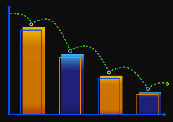 Zmniejszenie wykres słupkowy z zieloną strzałką. Izometryczne wykres słupkowy z dwoma osiami i kolumny, Wyświetlono gwałtowny spadek na czarnym tle. Ilustracja wektorowa EPS 10 - Wektor, obraz