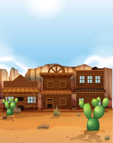Sivatagi jelenet nyugati stílusú épületek - Vektor, kép