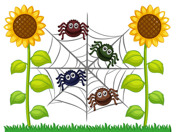 Пауки в Интернете в саду подсолнухов
 - Вектор,изображение