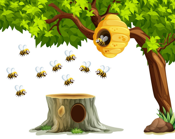 Pszczoły latają Ula na drzewie - Wektor, obraz
