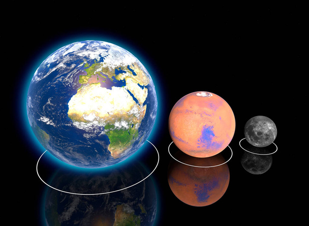 Gezegenimsi, dünya, Mars ve Moon oranlarını, oranı, çapı, büyüklükleri ve boyutları, yörünge.  - Fotoğraf, Görsel