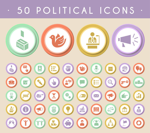 Set of 50 Political Icons on Circular Colored Buttons. Vector Isolated Elements. - Vector, imagen