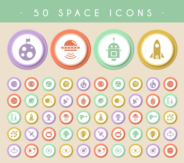 Set van 50 Space Iconen op ronde gekleurde knoppen. Geïsoleerde vectorelementen - Vector, afbeelding