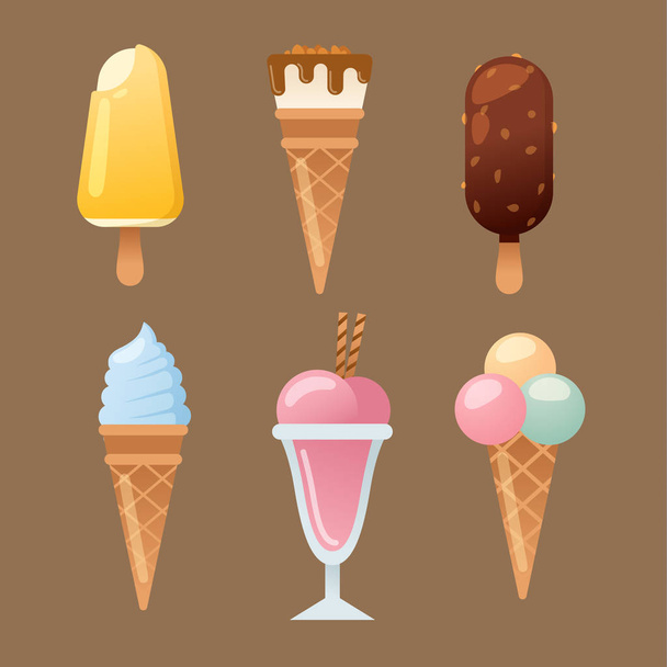 Набір льоду мультфільм барвистий вершковий десерт Векторні ілюстрації шоколадна їжа солодка холодна ізольована ікона закуска конус смачні фрукти заморожені цукерки колекція
 - Вектор, зображення