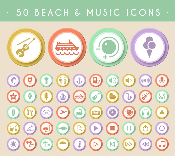 Conjunto de 50 iconos de playa y música en botones de colores circulares. Elementos aislados vectoriales - Vector, Imagen