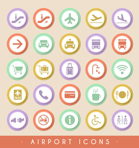 Set von Flughafen-Symbolen auf runden farbigen Knöpfen. Vektorisolierte Elemente. - Vektor, Bild