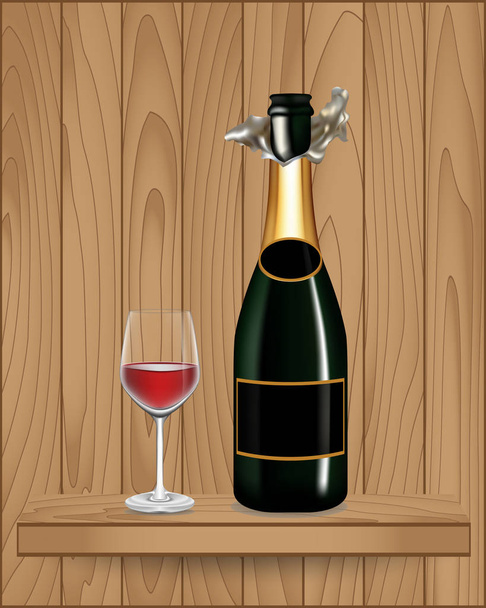 Flasche grüner Wein und Glas auf Holzregal - Vektor, Bild