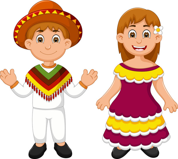 Мексиканская пара традиционных костюмов мультяшная девочка
 - Вектор,изображение