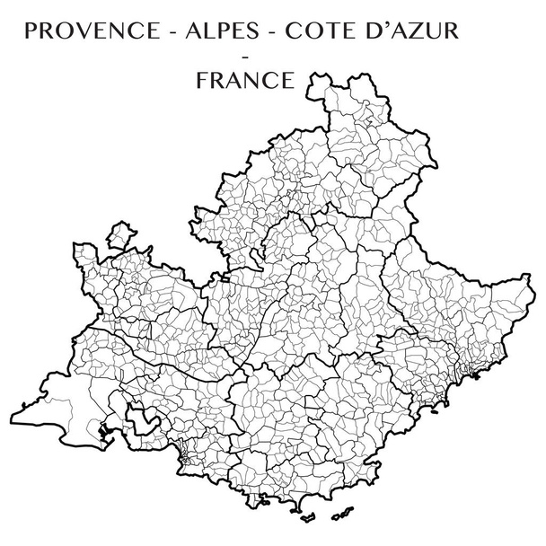 Gedetailleerde kaart van de Franse regio Provence-Alpes-Cote d'Azur (Frankrijk) met grenzen van gemeenten, onderdistricten (kantons), districten (arrondissement), afdelingen (departementen) en regio - Vector, afbeelding