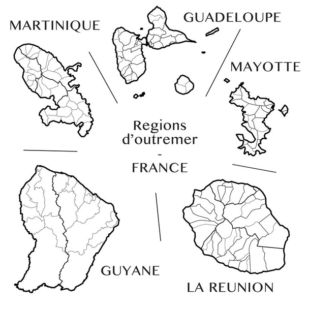 Gedetailleerde kaart van de overzeese Franse gebiedsdelen van Martinique, Guadeloupe, Mayotte, Frans-Guyana en La Réunion (Frankrijk) met grenzen van gemeenten, onderdistricten (kantons), districten (arrondissement), afdelingen (departementen) en regio - Vector, afbeelding