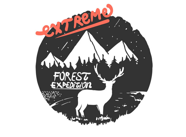 Vector illustration with deer silhouette and hand-drawn lettering. Adventure is out there - Vector, Image