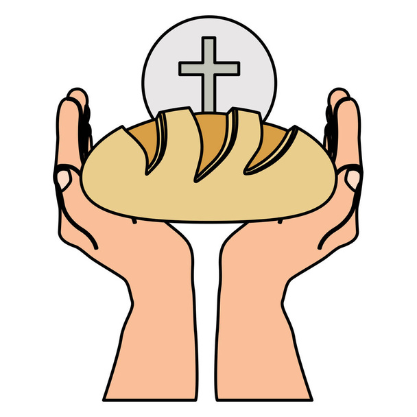 silhueta colorida de mãos segurando pão e esfera com símbolo de cruz
 - Vetor, Imagem