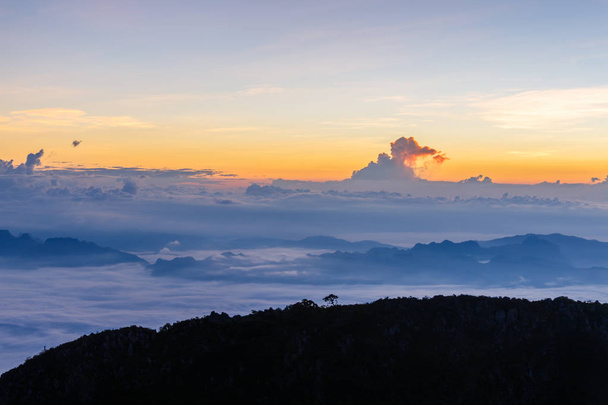 Layer of mountains and mist at sunset time, Landscape at Doi Luang Chiang Dao, High mountain in Chiang Mai Province, Thailand - Photo, image