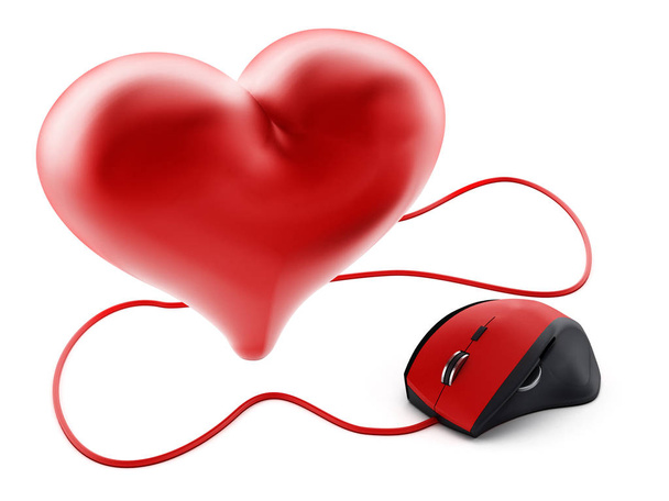 Red corded mouse connected to shiny heart. 3D illustration - Foto, Bild