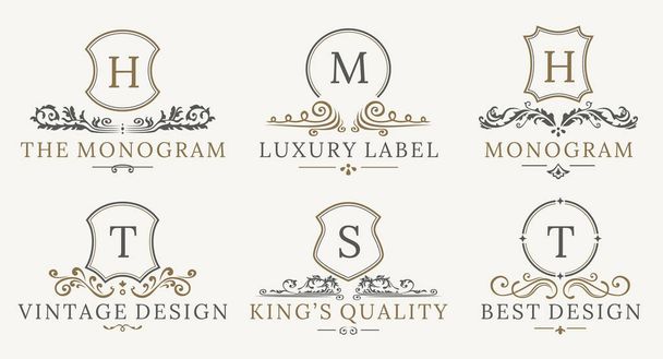 Retro Royal Vintage Shields Logotype instellen. Vector calligraphyc luxe logo designelementen. Zakelijke tekenen, logo's, identiteit, spa, hotels, badges - Vector, afbeelding