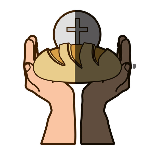 colore silhouette delle mani che tengono il pane con sfera con croce simbolo sullo sfondo con mezza ombra
 - Vettoriali, immagini