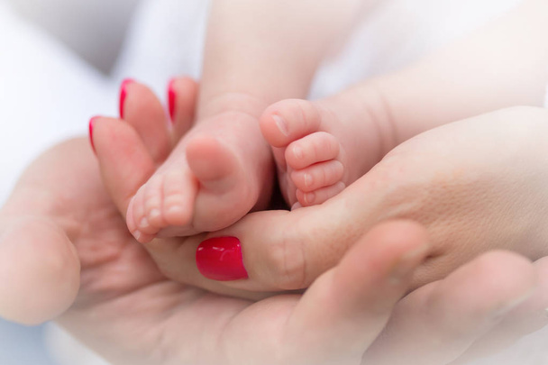 Η μητέρα κρατά τα μικροσκοπικά πόδια νεογέννητο μωρό, γκρο πλαν - Φωτογραφία, εικόνα