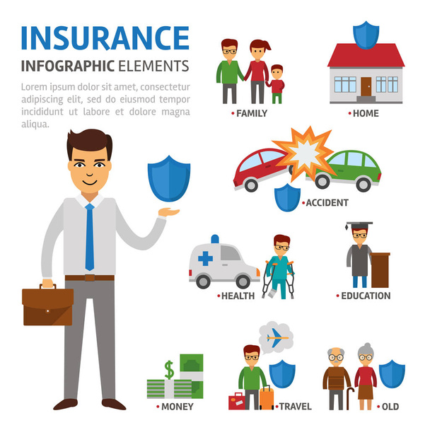 保険ブローカー インフォ グラフィック要素、白の背景にベクトル フラット図。困難な状況の人々 の保護。盾を持つ保険者 - ベクター画像