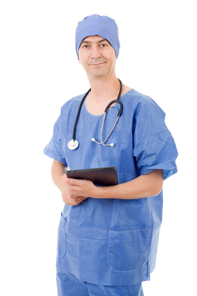 médico varón con comprimido sobre fondo blanco
 - Foto, Imagen