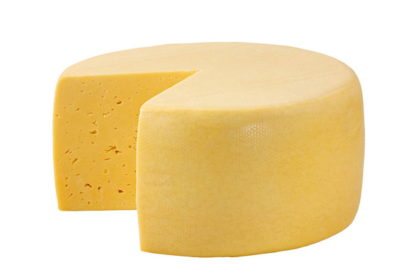 Elszigetelt fehér vágógörbével sajt kerék - Fotó, kép
