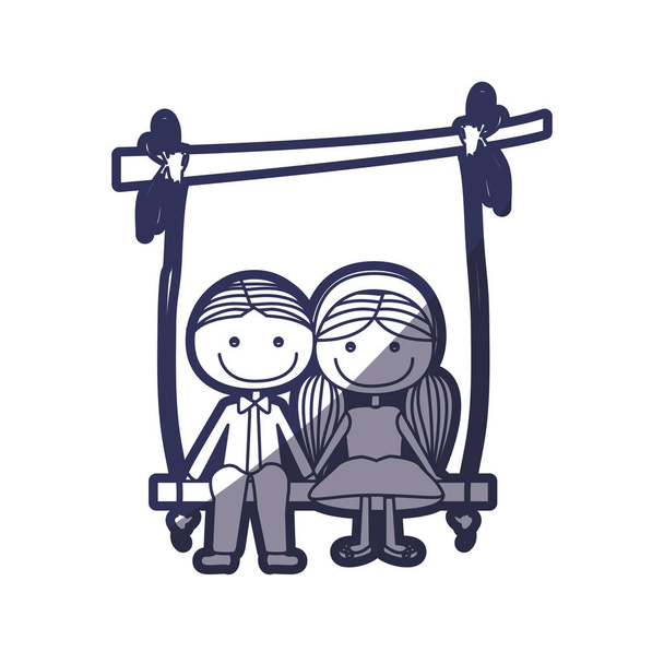 blue color contour caricature guy in formal suit and girl with pigtails hairstyle sit in swing hanging from a branch - Vector, Image