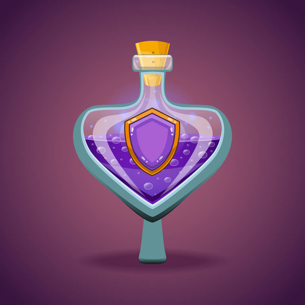 Bottle of magic elixir with shield - Вектор,изображение