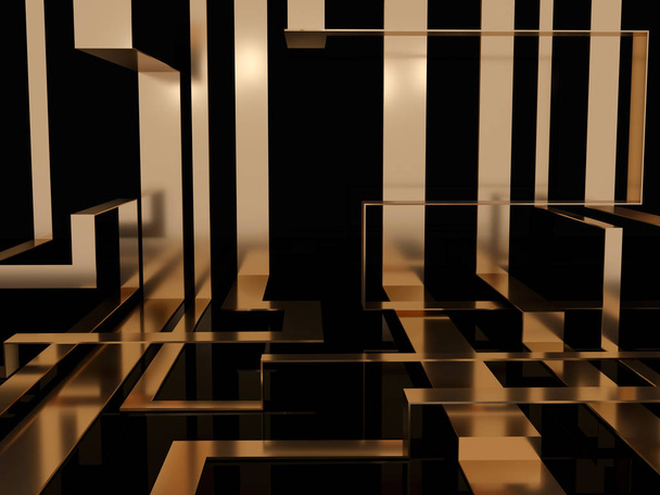 Ilusión de perspectiva a partir de rayas metálicas abstractas 3D sobre fondo negro
 - Foto, imagen