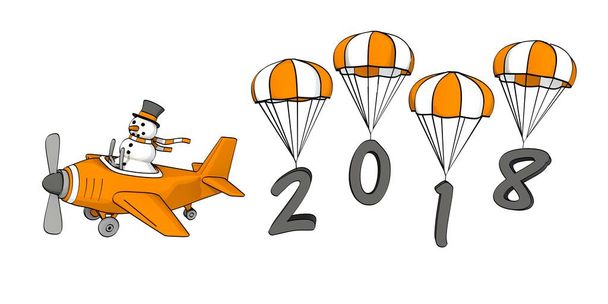 kleiner skizzenhafter Schneemann fliegt im Flugzeug - 2018 an Fallschirmen - Foto, Bild