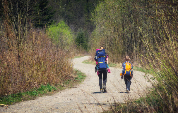 Family walking by the road in a forest - Foto, Imagen