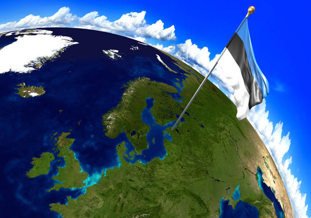 Flaga narodowa Estonii, oznaczenie kraju lokalizacji na mapie świata. renderowania 3D, części zdjęcie dostarczone przez Nasa - Zdjęcie, obraz