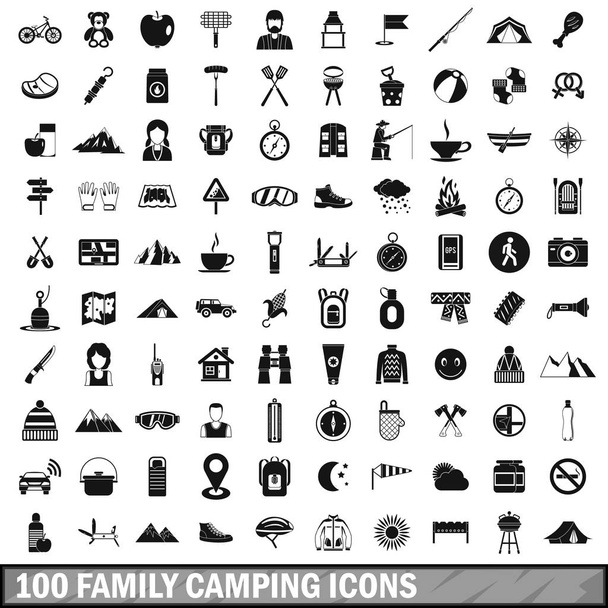 100 family camping icons set, simple style - Vector, Image