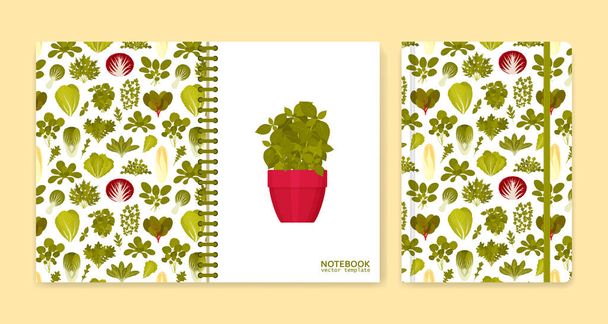 Cover design for notebooks or scrapbooks with green salads and vegetables - Vector, Image