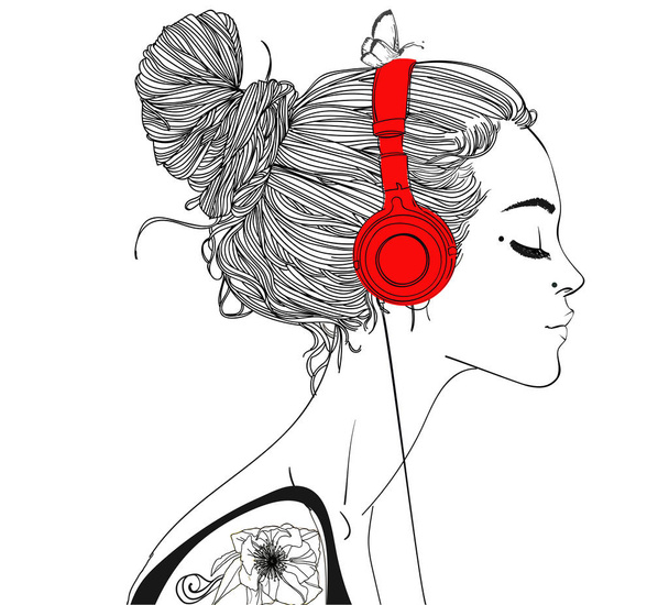 όμορφο κορίτσι με ακουστικά - Διάνυσμα, εικόνα