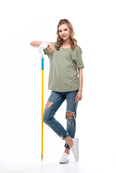 woman holding paint roller - Photo, Image