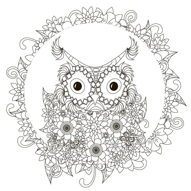 Anti stress abstract owl, flowering frame hand drawn monochrome vector illustration - Vector, Image