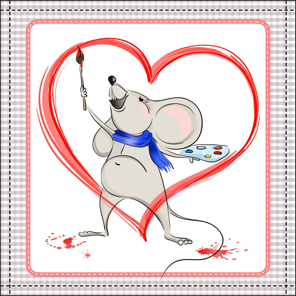 Little mouse paints heart - Διάνυσμα, εικόνα
