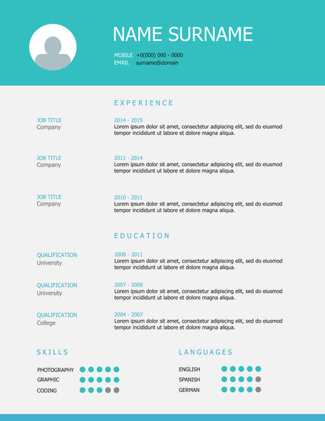 Resume template design with teal blue headings - Vector, Image
