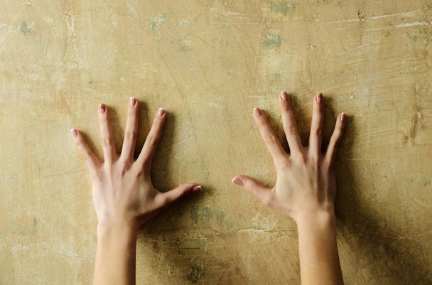 Pair of female hands on abstract cement wall - Φωτογραφία, εικόνα