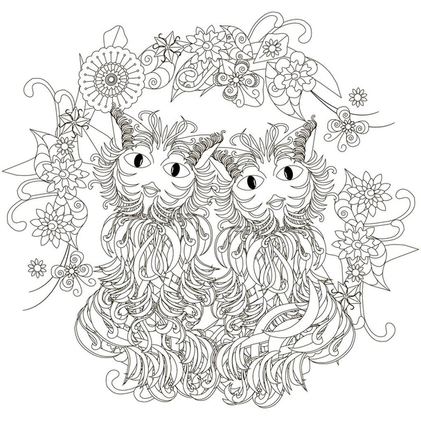 Anti stress cats pair, flowering frame hand drawn monochrome vector illustration - Vector, Image