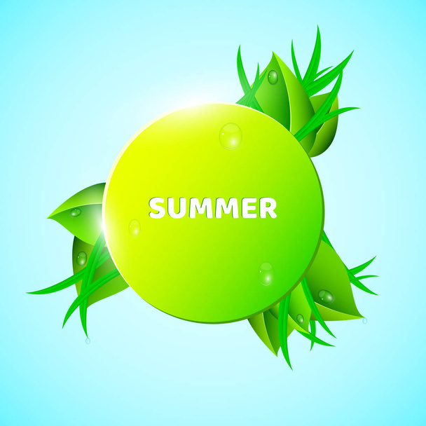 Black banner, sticker in the summer style. Fresh leaves and grass look out in the background. Drops of dew flow down the leaves. Ecological banner. Realistic illustration - Vector, Image