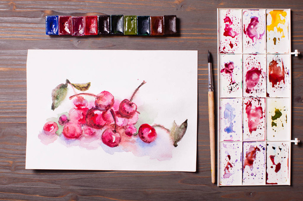 Watercolor painting cherries - Valokuva, kuva