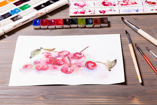 Watercolor painting cherries - Φωτογραφία, εικόνα