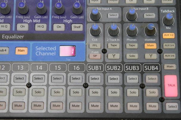 Opérateur audio professionnel travaillant sur les boutons du mélangeur audio pendant la diffusion TV en direct
 - Photo, image
