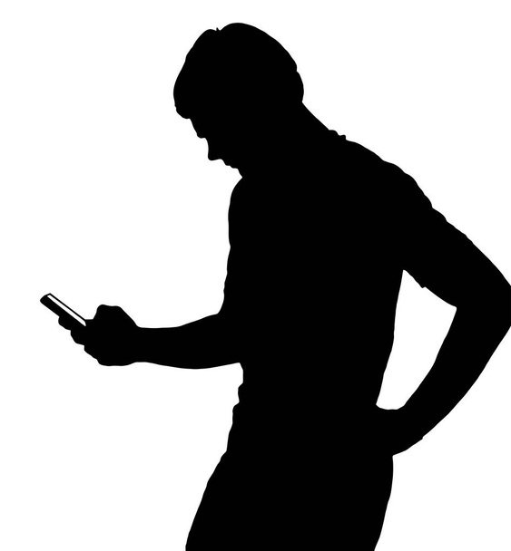 Портрет бічного профілю силует хлопчика-підлітка смс на смартфоні
 - Вектор, зображення