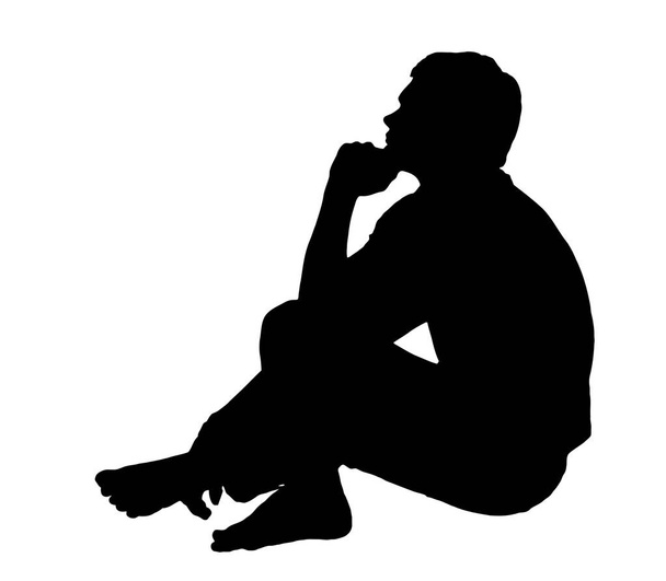 Side profile portrait silhouette of teenage boy sitting on groun - ベクター画像