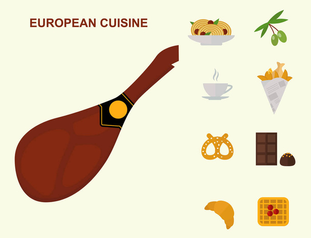 Європейських смачна їжа кухні вечеря харчування показ смачні елементи вектор плоскої ілюстрація. - Вектор, зображення