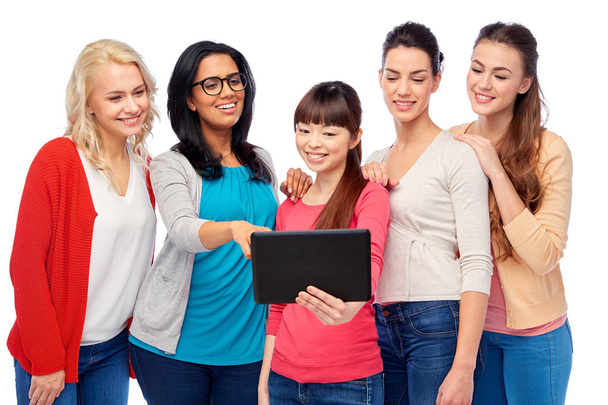 international group of happy women with tablet pc - Фото, изображение