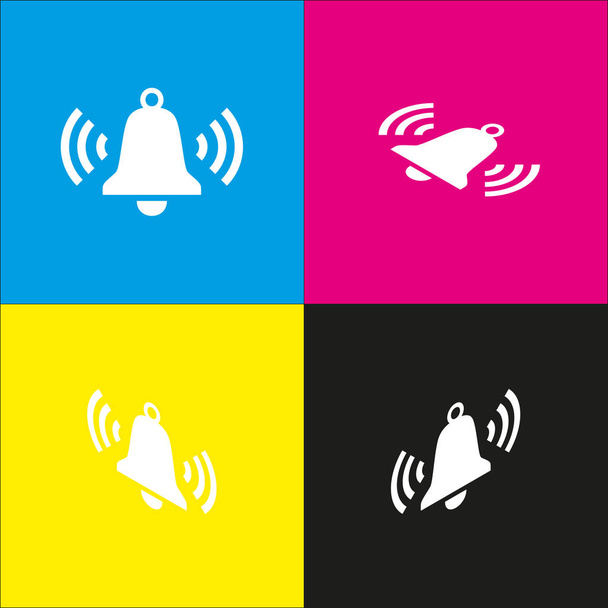 Ringing bell icon. Vector. White icon with isometric projections on cyan, magenta, yellow and black backgrounds. - Vector, Image