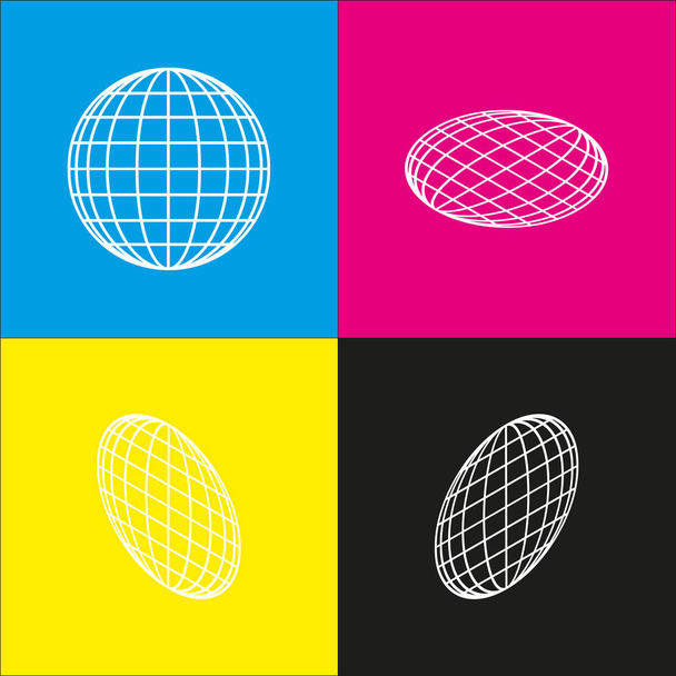 地球の標識です。ベクトル。シアン、マゼンタ、黄色、および黒の背景で等尺性突起のついた白いアイコン. - ベクター画像